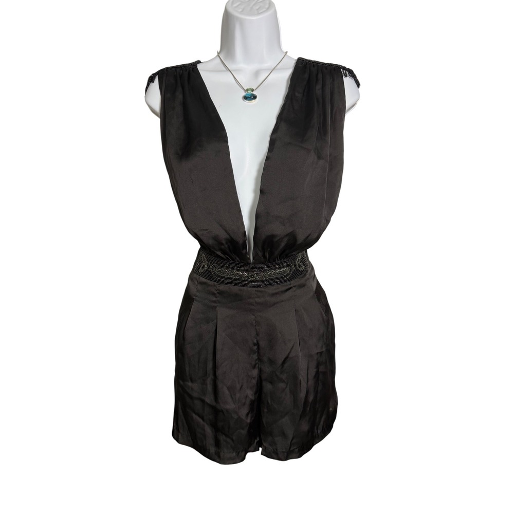 Y2K Black Satin Beaded Romper Small Gothic Open Back Deep Plunge Party Romper‎